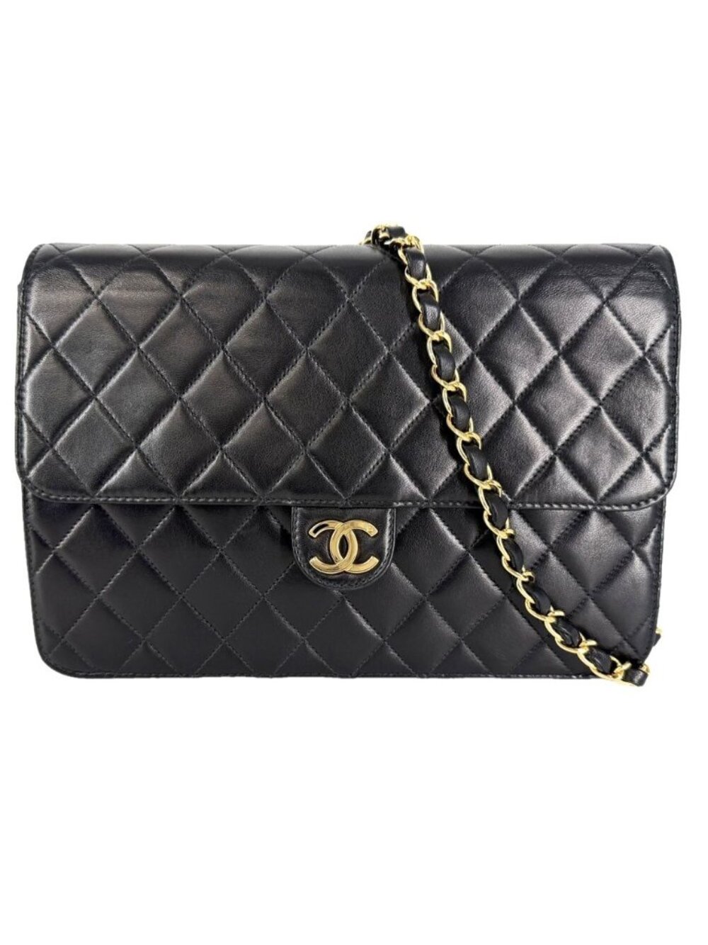 Chanel Shoulder Bag Quilted CC Logo Push Lock Crossbody Lambskin Black Gold